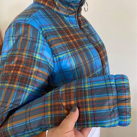 Wild Fable Blue Plaid 70s Style Retro Puffer Jacke - Picture 4 of 8
